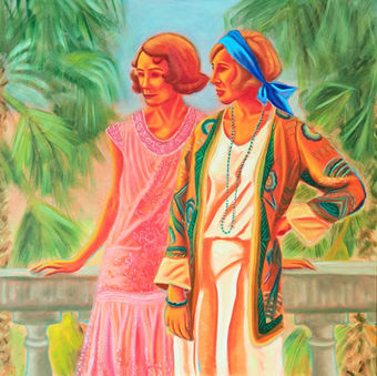 Contemporary figurative oil painting of two elegantly dressed women on a balcony on the French Riviera, in hot pink, orange, and green tones.