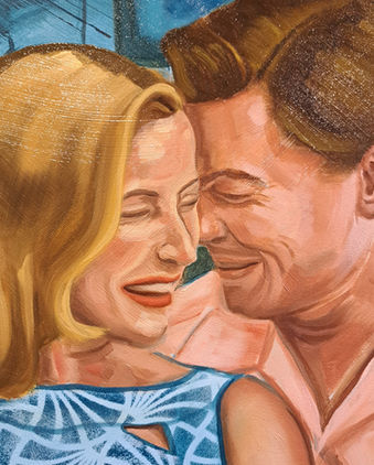 Colorful contemporary figurative oil painting of a couple embracing on a sofa, in blue, yellow, and pink tones.