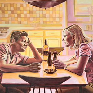 Contemporary figurative oil painting of a man and woman sitting across a kitchen table during cocktail hour, in yellow, pink, mauve, and brown tones.