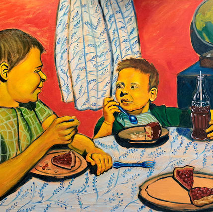 Contemporary figurative oil painting of a sister and younger brother sharing cherry pie at a table, in red, green, and blue tones.