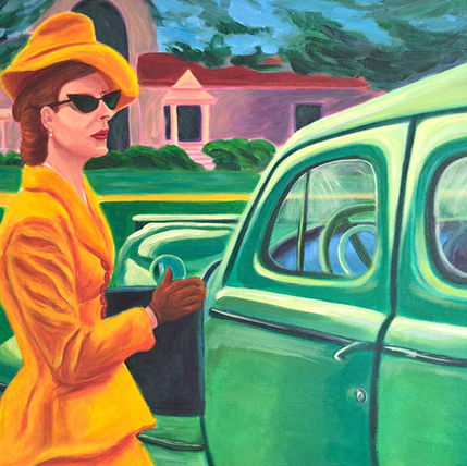 Contemporary figurative painting of a woman in a yellow suit stepping into a green car, in yellow and green tones.