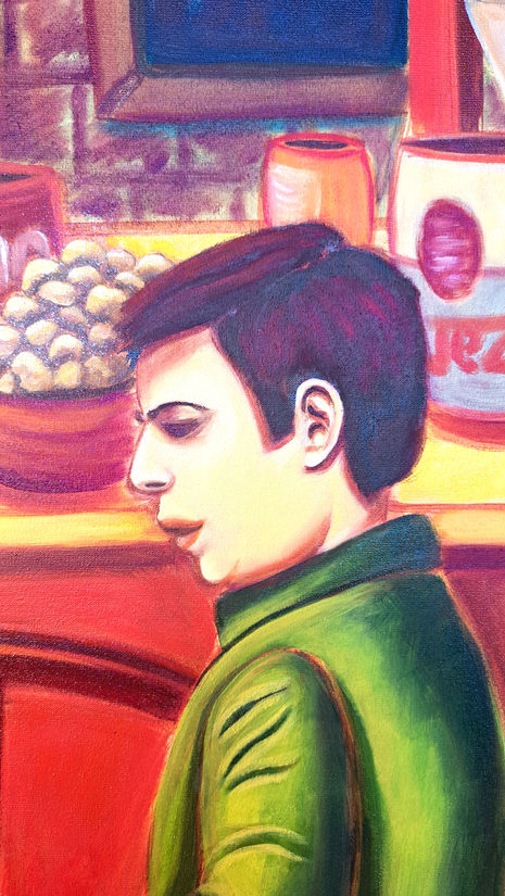 Large contemporary figurative oil painting of a mother and children at an oliebollen stall in Bruges.