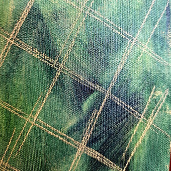 Contemporary figurative oil painting of an older woman making coffee in a 1960s kitchen, in purple, yellow, and green tones.