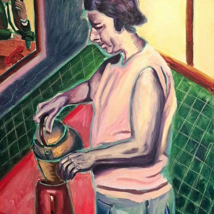 Contemporary figurative oil painting of an older woman making coffee in a 1960s kitchen, in purple, yellow, and green tones.