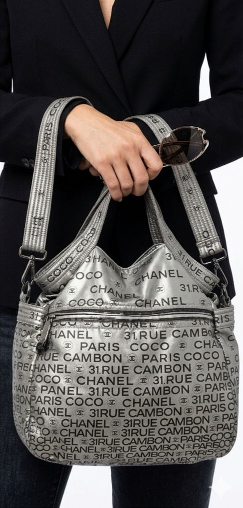 Thumbnail: Chanel Silver Nylon Graffiti Unlimited Ligne Tote