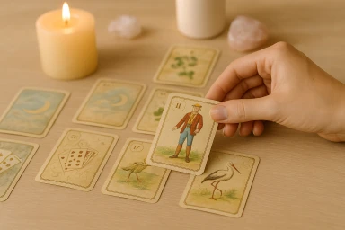 Die Hand einer Teilnehmerin beim professionellen Lenormand Kartenlegen lernen mit Lenormand Legesystem und Lenormand Kartenset in spiritueller Umgebung mit Kerzenschein.