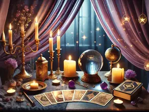 Kartenlegerin oder Wahrsagerin legt Tarot und Lenormand Karten mit Kristallkugel auf dem Tisch