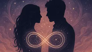 Spirituelles Symbolbild eines Paares als karmische Beziehung mit leuchtendem Unendlichkeitszeichen - Darstellung einer karmischen Verbindung und seelischen Bindung im Universum