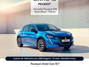 Affiche commerciale Cars 13 pour la nouvelle 208 Allure : leasing 37 mois, 30 000 km, 2 500 € d’apport. Offre limitée Ventes Privées Peugeot.