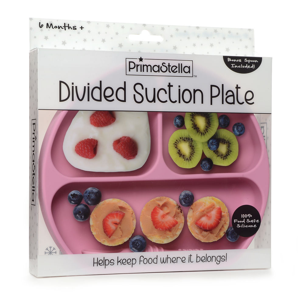 Thumbnail: Primastella Divided Suction Plate with food and text, helps keep food where it belongs.
