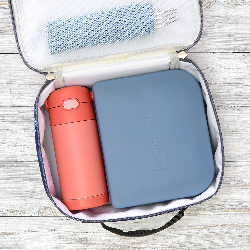Thumbnail: Lunchbox with a red thermos, blue container, and utensils; ready for travel.