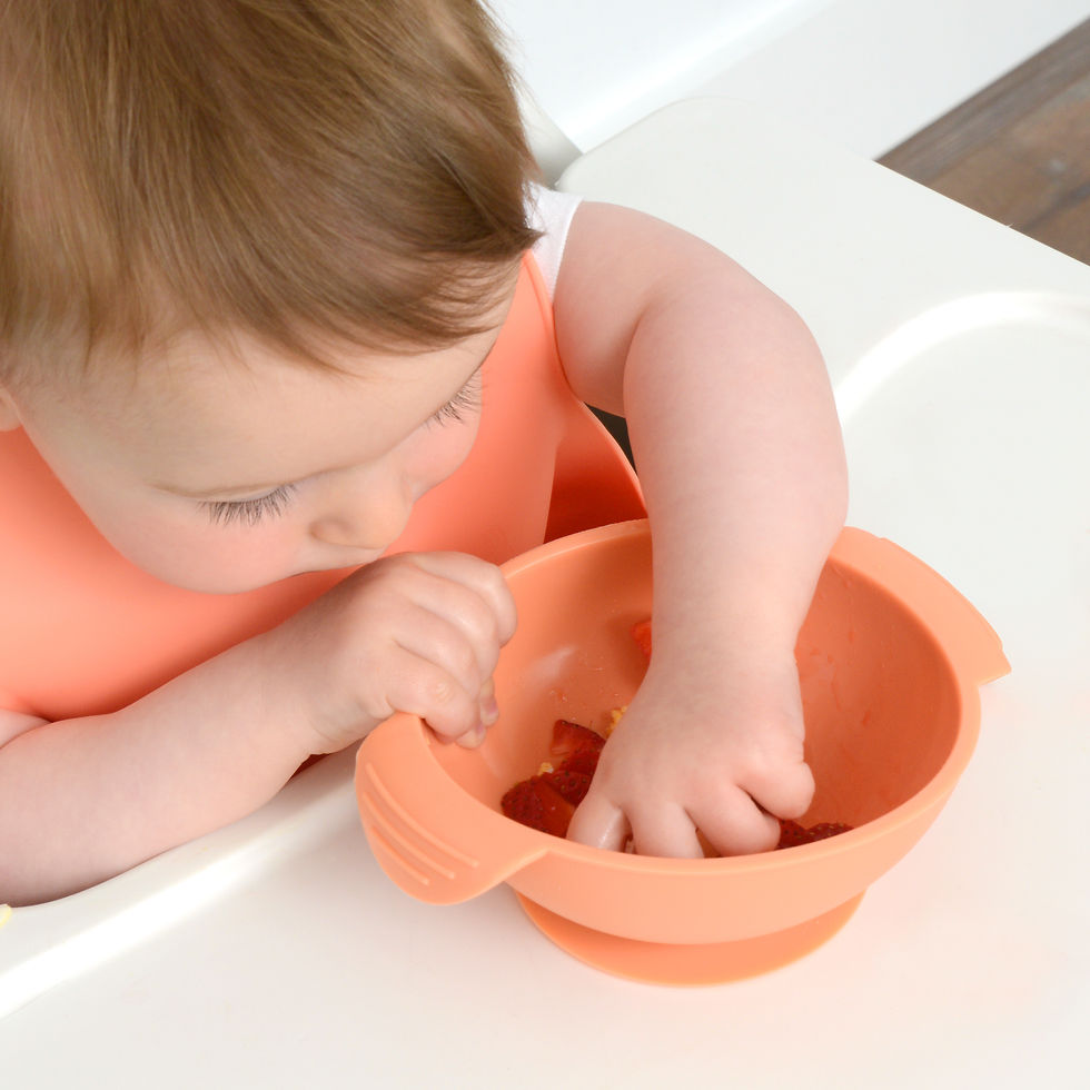 Thumbnail: Baby reaching into orange bowl with food, wearing bib and sitting at table.