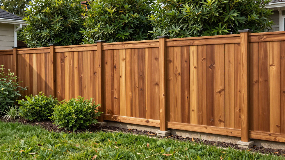 New cedar privacy fence panels with posts and trim in landscaped yard for a homeowner in Outingdale, CA