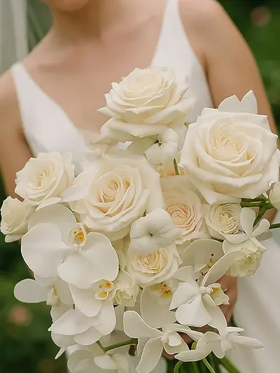 Classic and romantic bridal bouquet Cream and ivory roses White phalaenopsis orchids lisianthus or ranunculus as accent blooms
