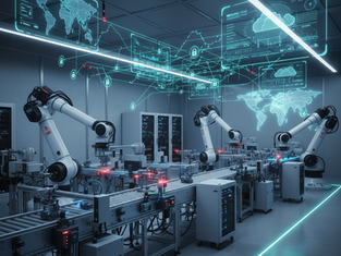 Eclatron OPC UA and TSN smart factory automation network with interconnected industrial robots and real-time data exchange