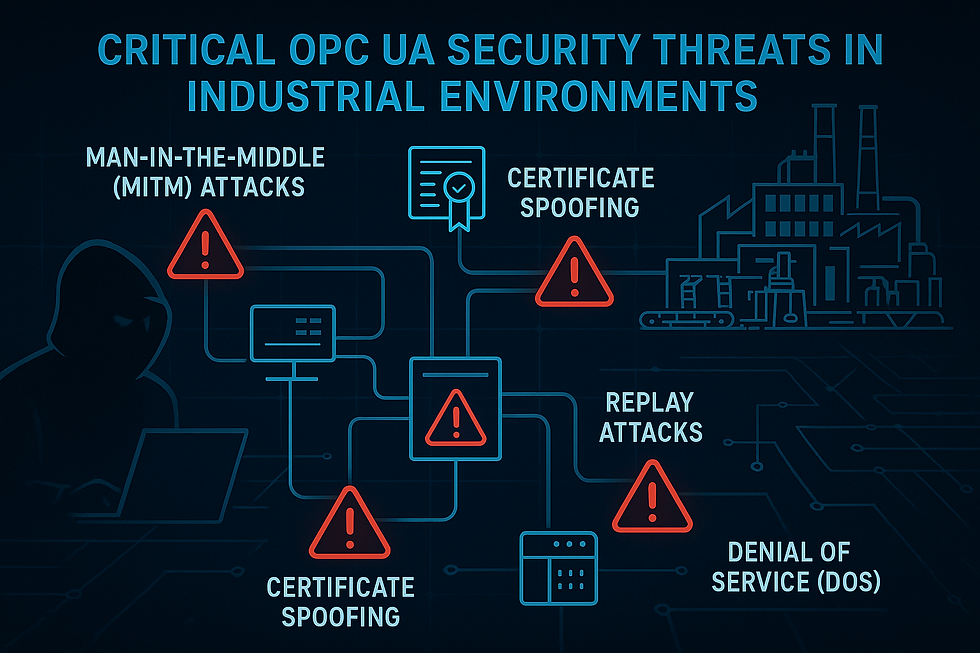 Cybersecurity threats targeting industrial systems including MITM and DoS attacks mitigated through OPC UA development services in Germany.