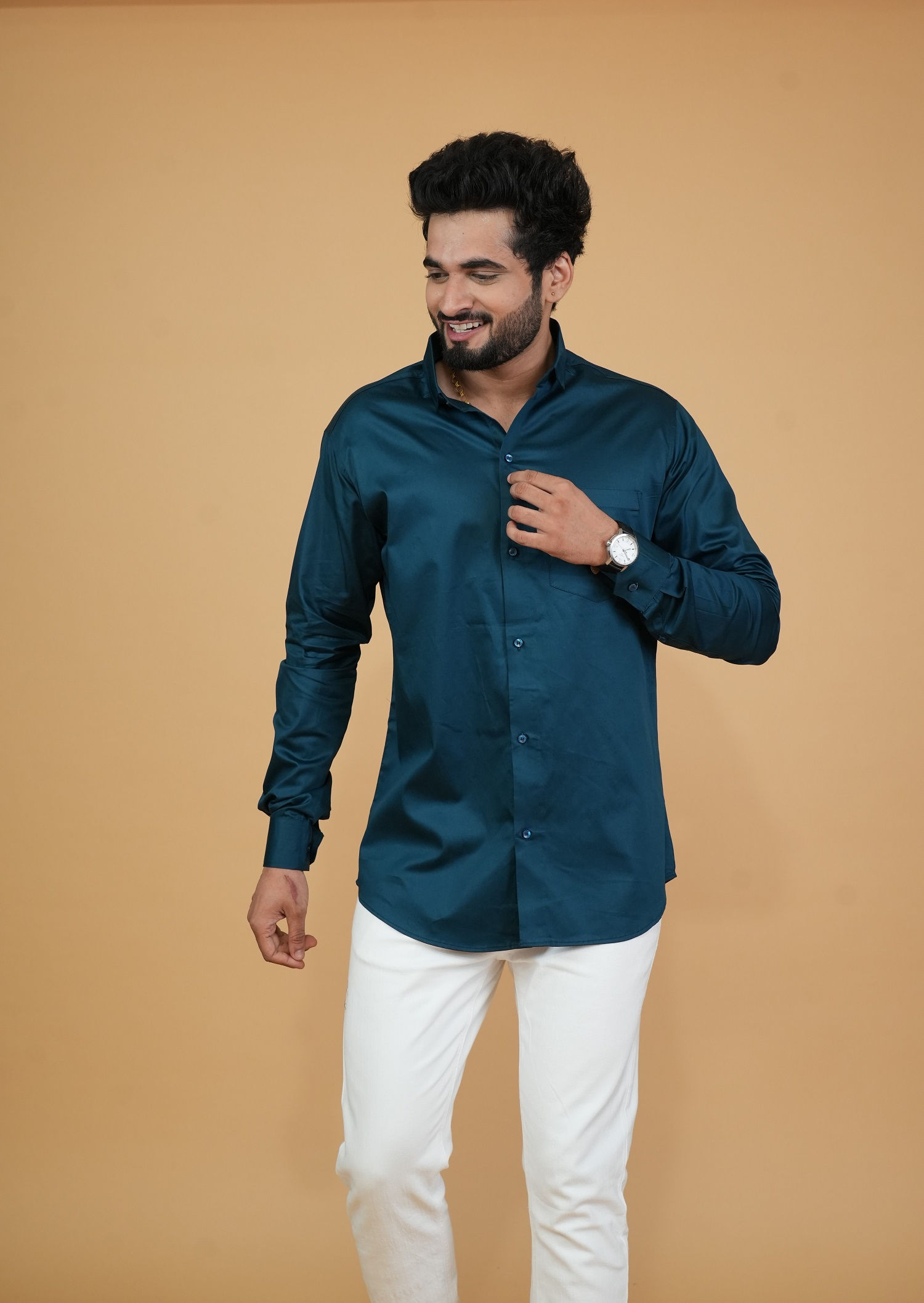 Dark Teal Solid Plain Satin Shirts