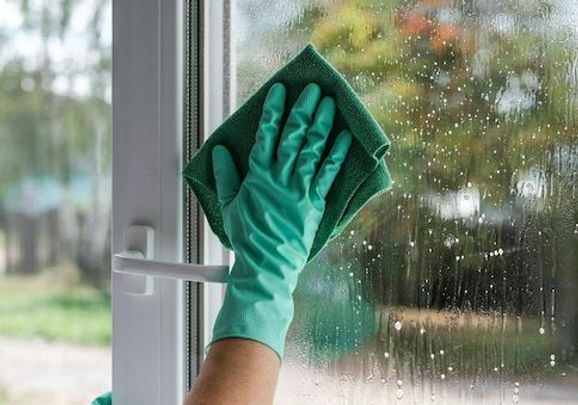 Una mujer joven limpiando una ventana en casa concepto general de limpieza _ Foto Premium.