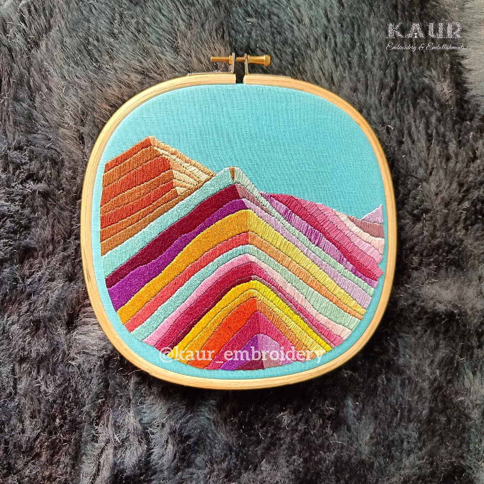 Hand embroidery gift for a mountain lover The Rainbow Mountain Hand Embroidered artwork