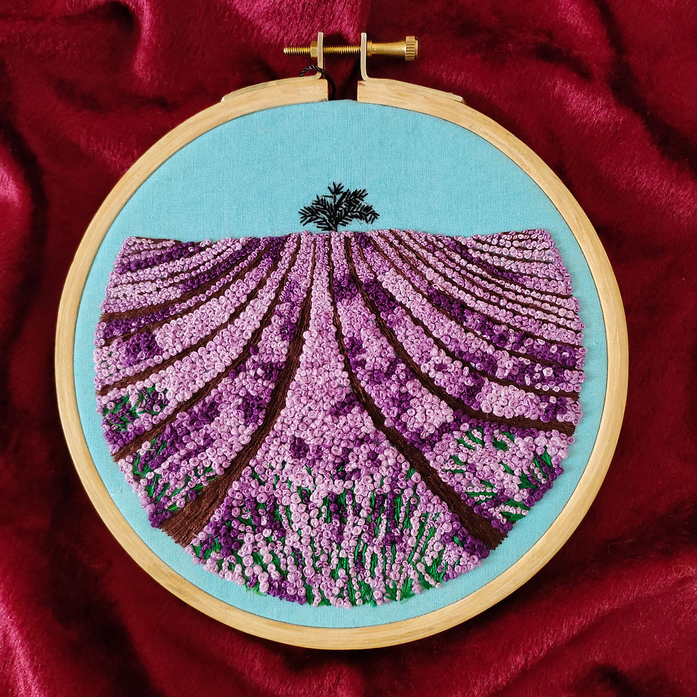 hand embroidered gift for a travel lover, wanderlust travel buff Lavender Fields, Provence Hand Embroidered artwork