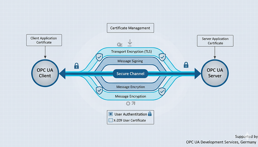 OPC UA security architecture diagram illustrating certificates, encryption, and secure channels supported by OPC UA development services in Germany.