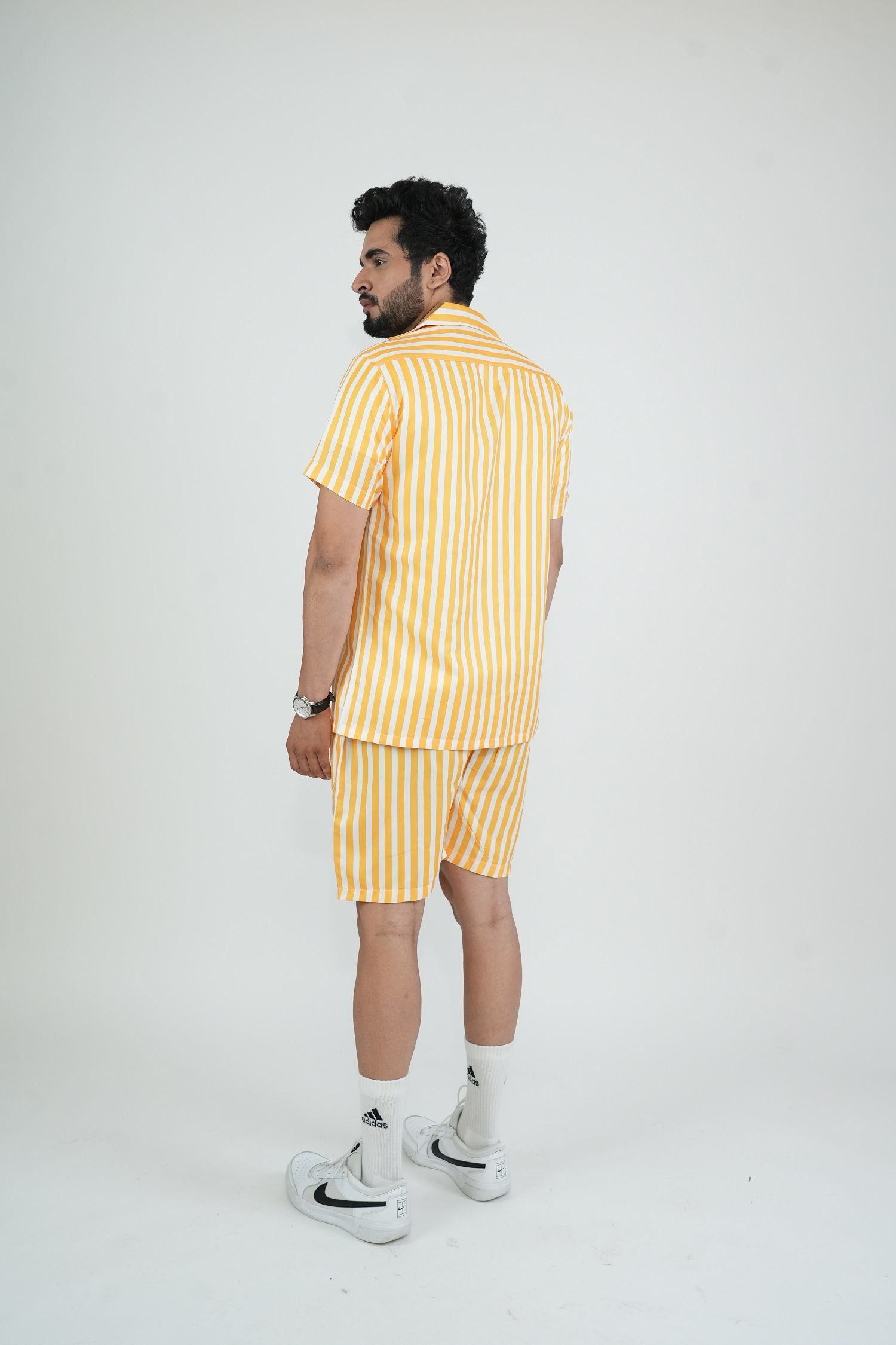 Yellow Printed Stripe Men Co-ords