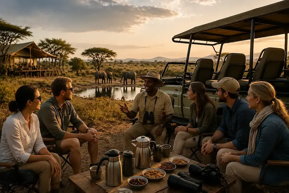 Kleingruppenreise im südlichen Afrika mit Reisegruppe, Safari Fahrzeug und Elefanten