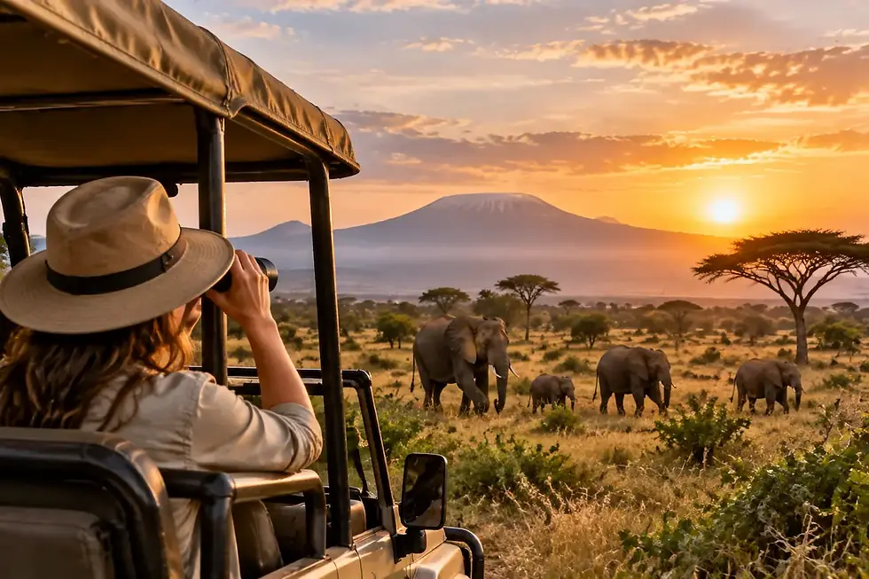 Afrikansk safari med elefanter, safaribil og reisende som opplever dyreliv i savannen ved solnedgang