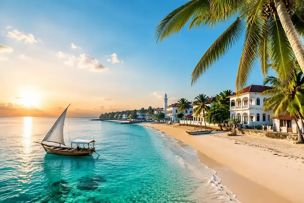 Sunset beach in Zanzibar with traditional dhow boat and palm-lined coastline.