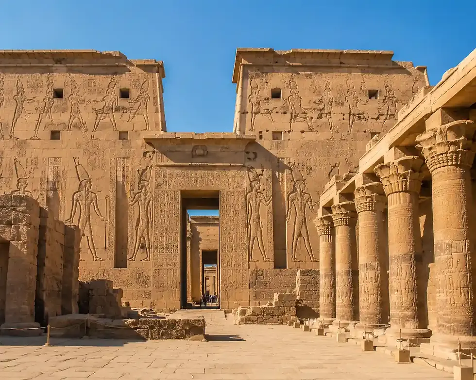 Ancient Medinet Habu temple in Luxor with carved hieroglyphs, sandstone columns, and historic Egyptian ruins.