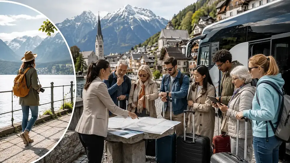 Gruppereise med reiseleder som koordinerer flere reisende, bagasje, kart, buss og tidspunkter ved en alpelandsby, sammenlignet med en rolig individuell reise ved innsjøen.