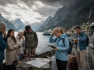 Reisegruppe i Norge står usikkert ved en fjord i regnvær med buss, bagasje, kart og forsinkelser, som viser risikoer uten lokal DMC-planlegging.