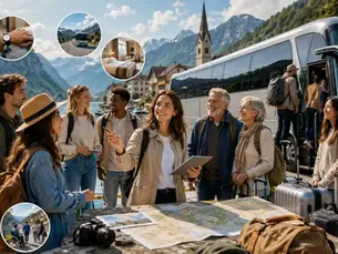 Gruppe reisende planlegger en organisert gruppereise ved en innsjø med reiseleder, buss, bagasje, kart og fjellandskap i bakgrunnen.