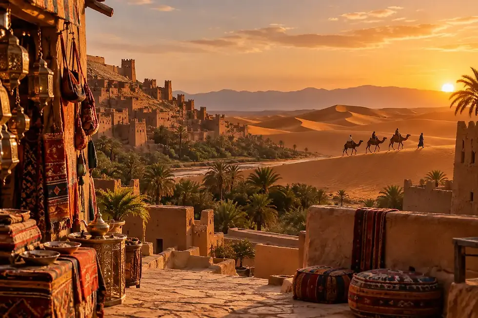 Moroccan kasbah, Sahara dunes and camel caravan at sunset