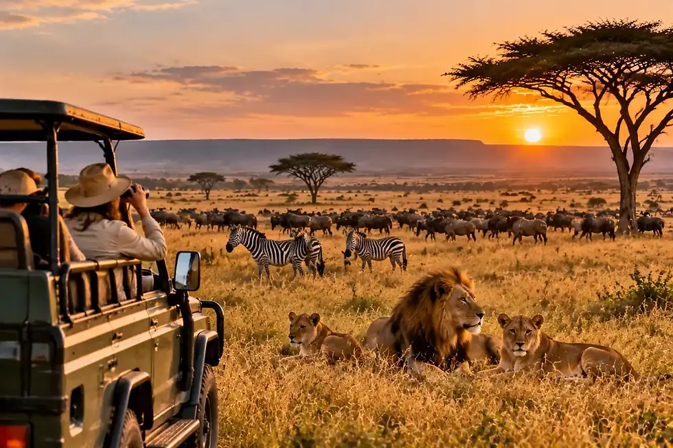 Kenya safari i Masai Mara med løver, sebraer, gnuer og safaribil på den afrikanske savannen ved solnedgang