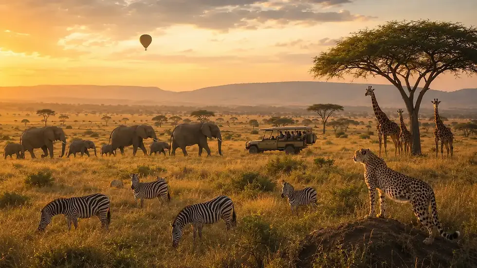 Safari i Kenya med elefanter, sebraer, sjiraffer, gepard, safaribil og varmluftsballong ved soloppgang.