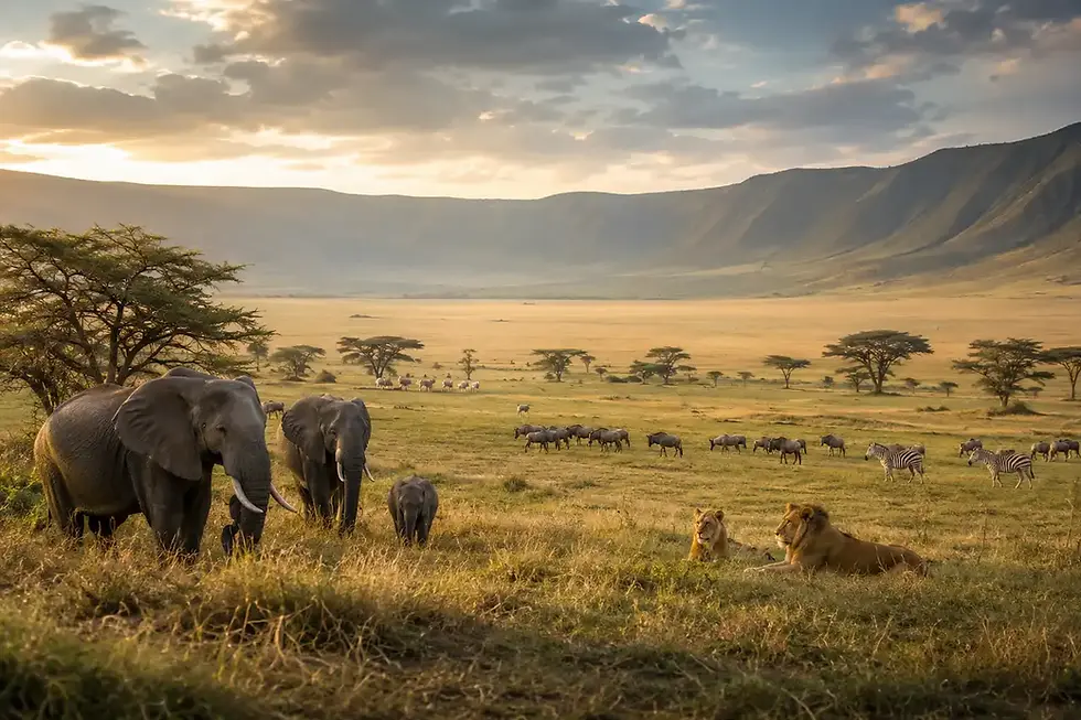 Ngorongoro Crater safari landscape with elephants, lions, zebras, and wildebeest at sunrise.