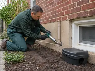 Pest control technician sealing entry points around a Chicago home to prevent recurring pest infestations.
