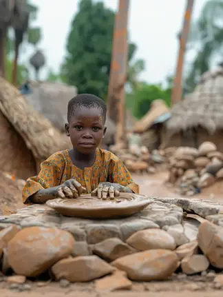Young child shaping clay on a pottery wheel in a rural African village, surrounded by traditional huts and stones.