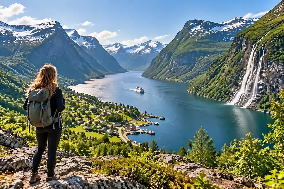Norway fjord landscape with mountains, waterfall, village and traveler during an individual 10 day round trip