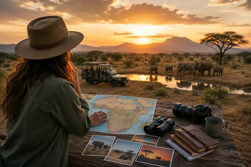 Traveler planning an African safari adventure at sunset, viewing a wildlife-filled savanna with elephants, safari vehicle, map, binoculars, and camera while choosing the ideal safari destination based on travel preferences.