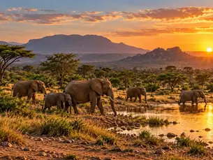 Elefanter ved et vannhull i Sør-Afrika under solnedgang.