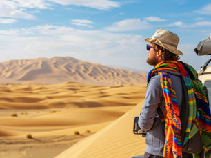 Man standing next to an off-road vehicle in a desert landscape, wearing a hat and colorful scarf, looking toward sand dunes under a blue sky.