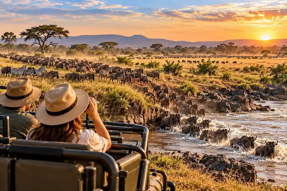 Große Migration in Afrika mit Gnus und Zebras bei einer Flussüberquerung während einer Safari