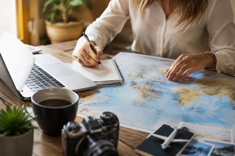 Traveler planning a trip at a bright desk workspace with a world map, laptop, notebook, camera, passport, and coffee cup, illustrating the process of using a travel planner versus booking independently.