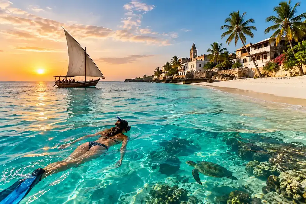 Snorkling ved Zanzibar med dhowbåt, turkist hav, palmer og havskilpadde