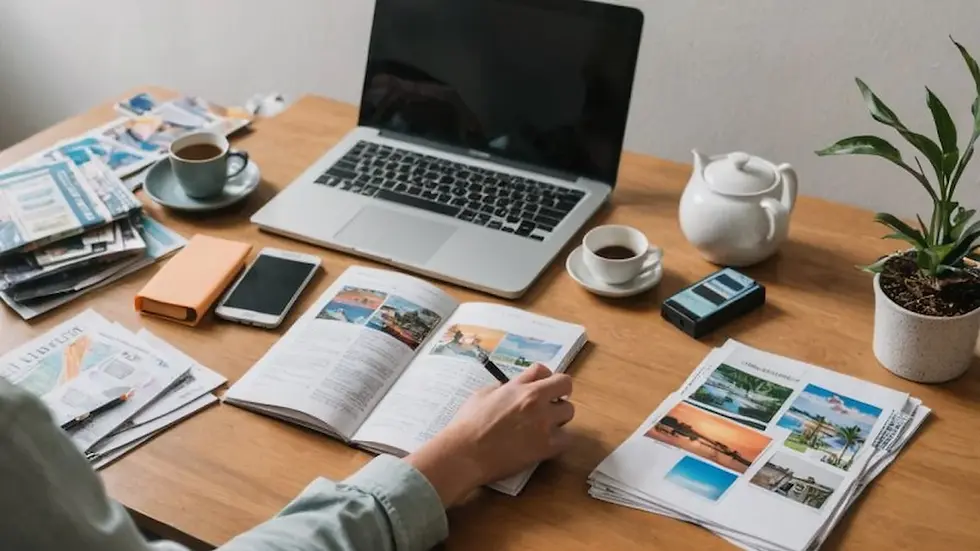 Person planning a trip at a desk with a laptop, travel guidebook, maps, and coffee, reviewing travel options and expenses.