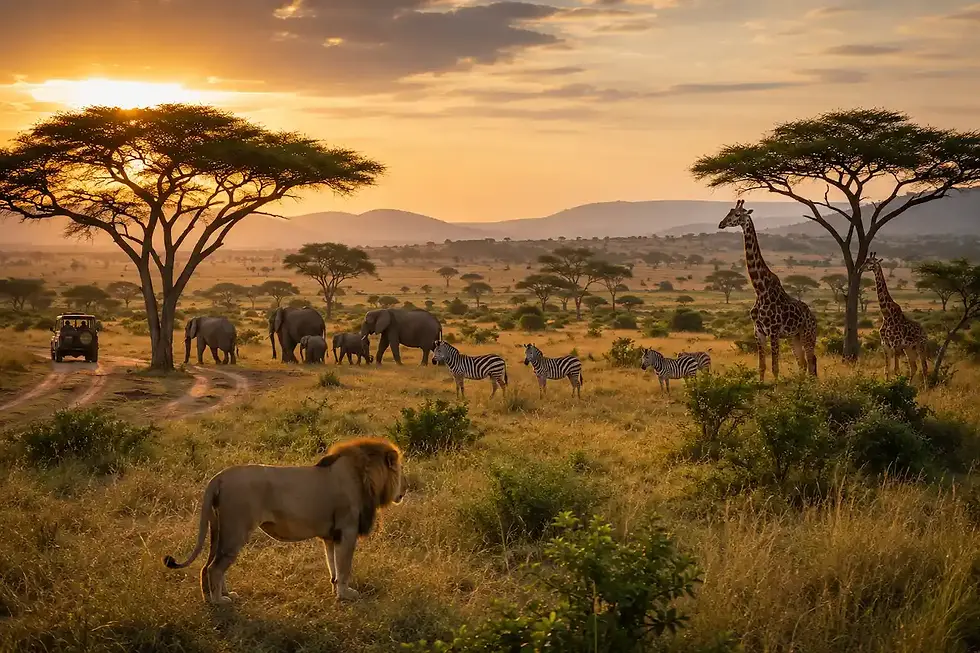 African safari at sunset with a lion, elephants, zebras, giraffes, and a tour vehicle on the savanna.