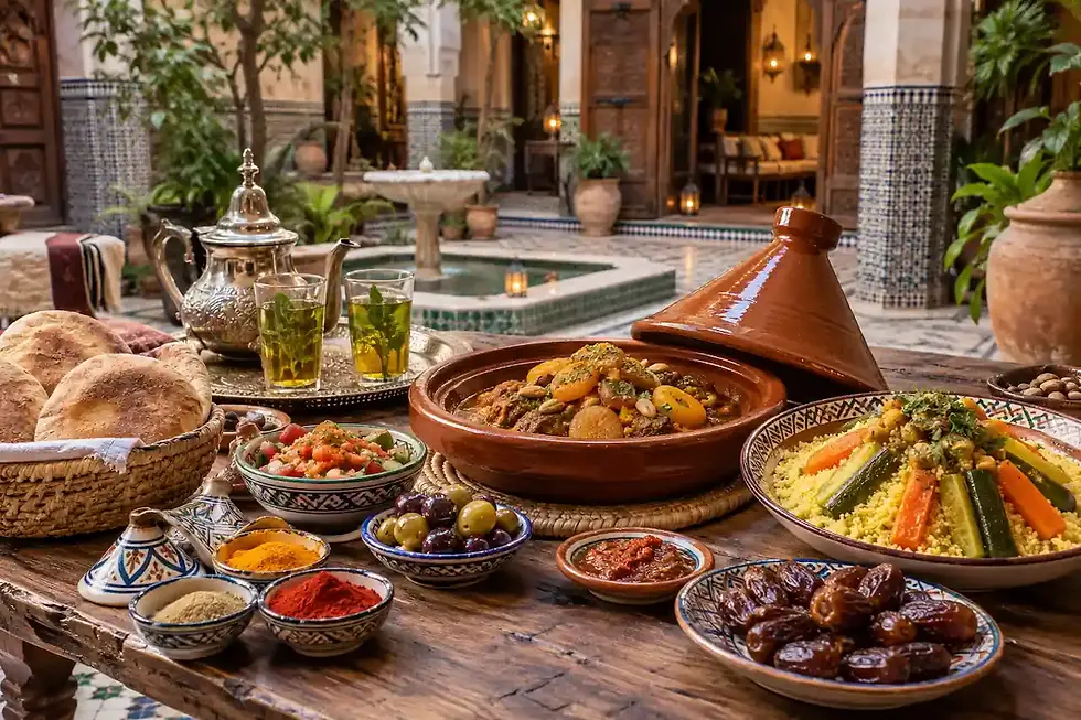 Traditional Moroccan food with tagine, couscous and mint tea in a riad courtyard