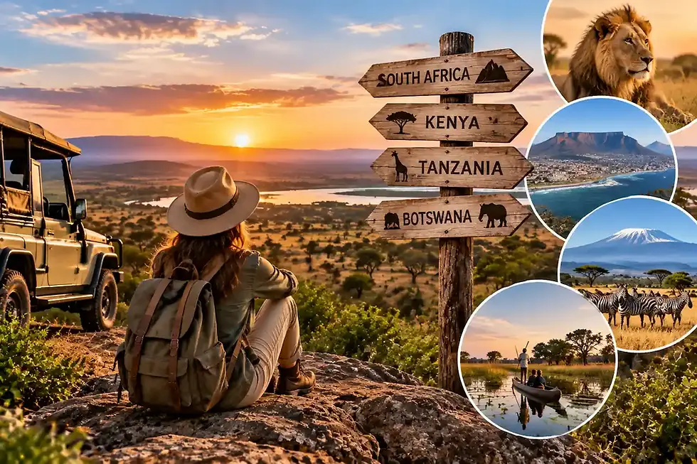 Serengeti-safari med løver, gepard, elefanter, gnuer og sebraer på den afrikanske savannen ved solnedgang